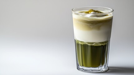 Creamy layered green tea latte with milk and froth in a clear glass on a minimalist background