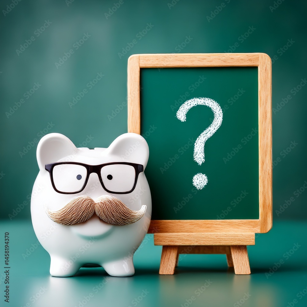 Aufkleber saving questions: a piggy bank with glasses and a question mark on a chalkboard, asking about person