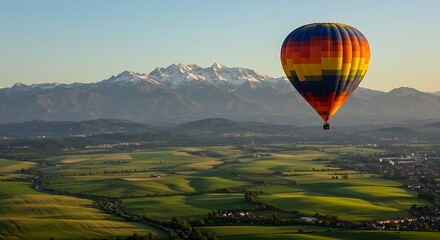 A vibrant hot air balloon with blue, yellow, orange, and red panels soars over a scenic landscape of green fields and majestic, snowy mountains.