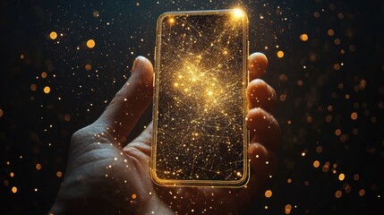 Hand holding a golden smartphone with glowing network