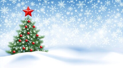 Obraz premium Snowy Christmas tree, red star, winter wonderland, card design