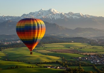 The image captures a colorful hot air balloon ascending over green fields and small settlements, set against a backdrop of impressive snow-capped mountains