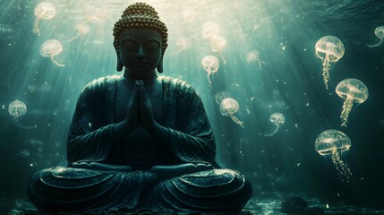 Tranquil underwater Buddha statue surrounded by glowing jellyfish with sunlight gently filtering through the water