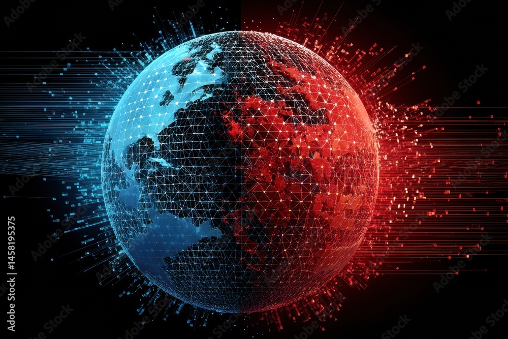 Wall mural symbolic globe encased in split sphere representing us and china digital interaction and global conn