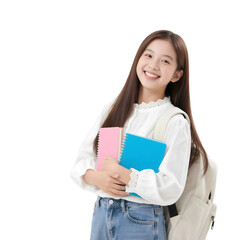 Fototapeta premium Stock photo of smiling student girl holding books ready for education isolated on transparent background, no background