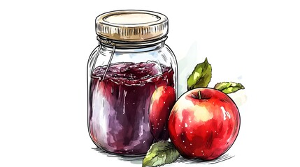 Hand-drawn illustration of a glass jar filled with fruit preserves and apples.