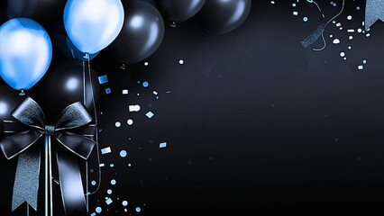 Elegant display of blue and black balloons with a shiny black bow and confetti on a dark background