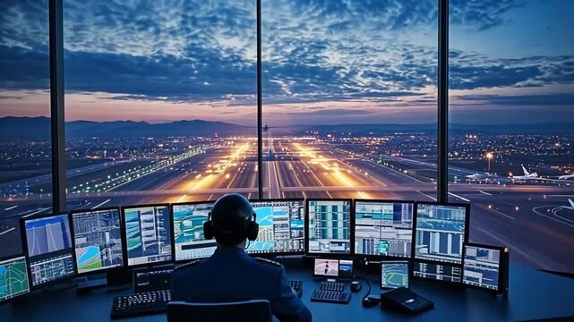 Air Traffic Controller at Work: Ensuring Safety in Modern Airport Control Tower View