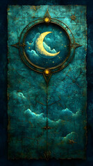A crescent moon nestled within an ornate, dark teal compass, set against a stormy night sky