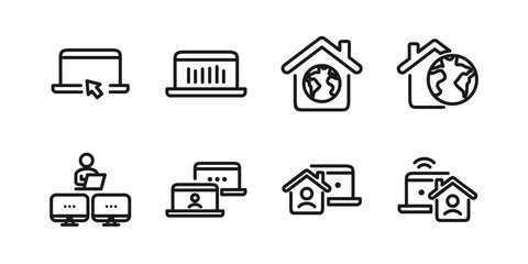 Remote Work Line Icons . Freelancer Work from Home, Video Call, Online Meeting, Teleconference Vector Set