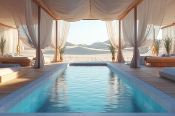Fototapeta premium A desert oasis retreat with luxury tents, plush interiors, and an infinity pool blending into the golden sands