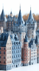 Fototapeta premium Intricate miniature cityscape featuring numerous grey, brown, and beige buildings with pointed roofs, reminiscent of a medieval European town
