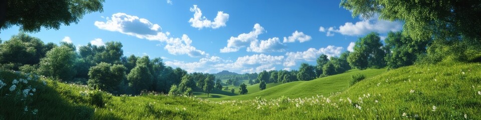Panorama of rolling hills under a blue sky with sparse clouds nature scene tranquil landscape lush green environment