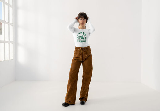 Mockup Of Woman Wearing Customized Long Sleeved Shirt