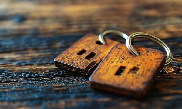 Close-up of rustic wooden keychains resting on a textured wooden surface, evoking nostalgia