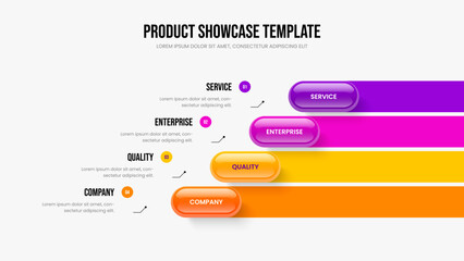 Advertising Launch Four Element Infographic Slide Layout. Financial Forecast 4 Option Diagram Frame Template. Business Briefing Presentation Design Vector Illustration.