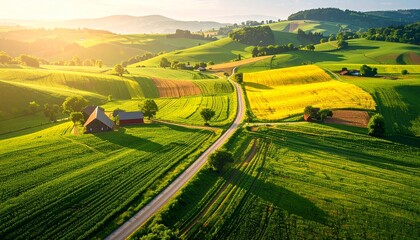 Fototapeta premium Farm landscape, agricultural fields, beautiful countryside, country road. Nature Illustration, photorealistic top view drone