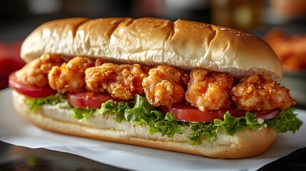 Shrimp Poboy Sandwich with Tomato and Lettuce