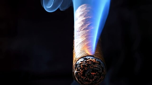 Close-Up of Burning Cigar in Moody Dark Style with Curling Smoke for Luxury and Social Concepts