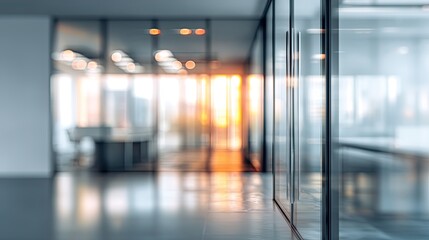Office interior ambiance modern workspace blurred background sunset lighting professional environment