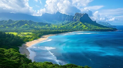 Tropical beach with mountain view, and Hawaii.