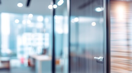 Dynamic office space exploration modern workspace blurred door professional environment interior view