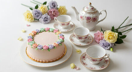 Delicious Pastel Cake with Tea Set and Flowers Perfect for Springtime Celebrations Cut Out Transparent Png