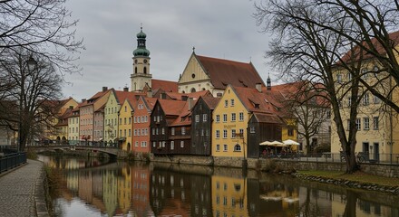 Riverfront Houses with Church Tower in Landsberg Am Lech Germany