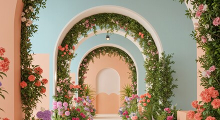 Fototapeta premium Walking Through Floral Arches with Pastel Background Creating a Whimsical Scene
