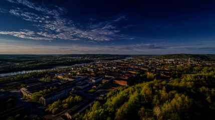 Aery panorama view of a city and old ithiel town in late spring.