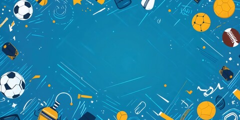 Dynamic sports-themed background with assorted balls and abstract decorations on blue