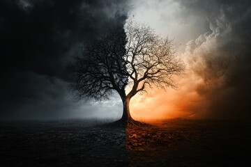 symbolic tree showing life and death, one side alive and one side dry, dramatic lighting, moody landscape