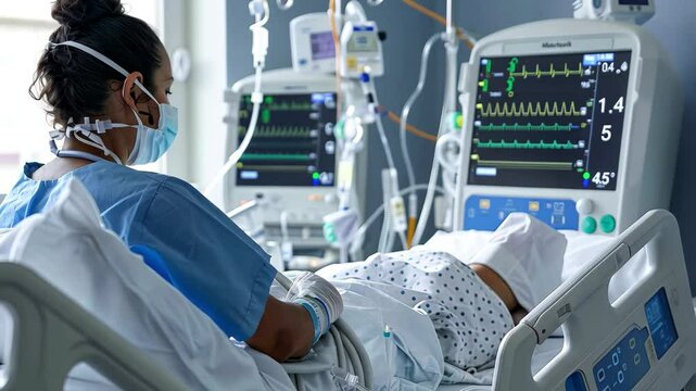 A healthcare worker in scrubs and a mask assists a patient in a hospital room, surrounded by advanced medical equipment and intravenous lines.
