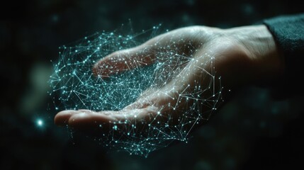 Hand holding digital network sphere