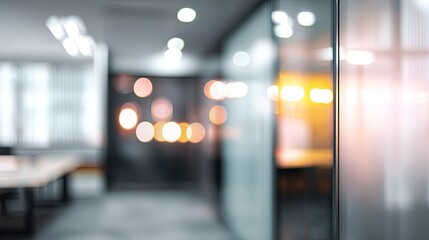 Blurred office interior scene with glass walls modern workspace atmosphere soft lighting