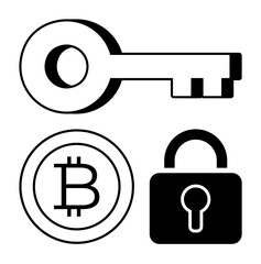 Key, padlock, and Bitcoin coin symbol arranged to communicate themes of security, digital access, blockchain, and cryptocurrency protection. Ideal for encryption, fintech, privacy cyber safety data