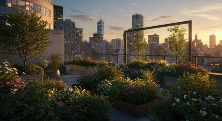 Obraz premium A city rooftop garden at sunset, with lights twinkling below.
