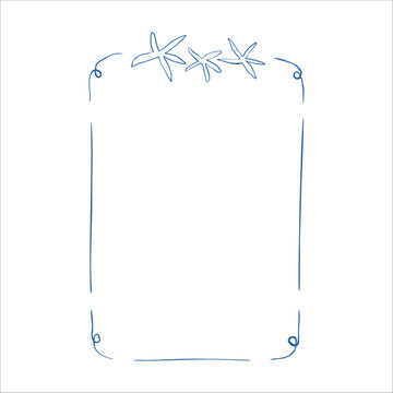 Vertical frame with hand drawn sea stars and shells in soft minimalist ocean theme for summer cards and cute branding