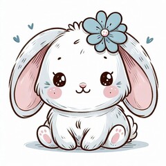 Obraz premium Adorable hand-drawn cartoon bunny with big ears, soft fur texture, pink cheeks, and a cute blue flower on its head, sitting happily on a white background in a children’s doodle style