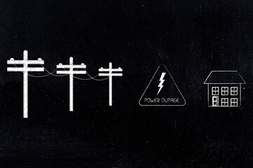 illustration of electric pylons and power outage sign with residential house, energy grid failure