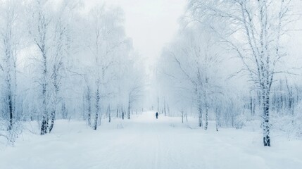 Fototapeta premium Winter Wonderland: A Solitary Figure in a Frosty Birch Forest