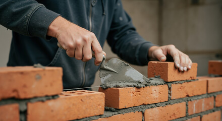 Hands applying mortar and placing brick on construction wall with trowel. Building process creating solid structure essential for residential development and commercial property construction