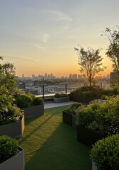 Obraz premium A city rooftop garden at sunset, with lights twinkling below.