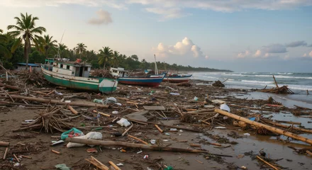 Beach covered in debris and damaged boats after storm. Coastal destruction highlighting environmental disaster impact. News report, climate change awareness, insurance claim