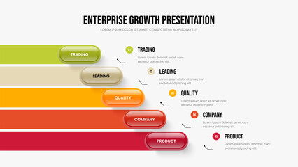 Fototapeta premium Creative Solution Slide Design Vector Illustration. Professional Campaign 5 Element Diagram Presentation Layout. Enterprise Review Five Option Infographic Frame Template.