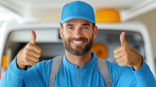 A cheerful delivery man in blue uniform giving thumbs up, showcasing excellent service and professionalism.