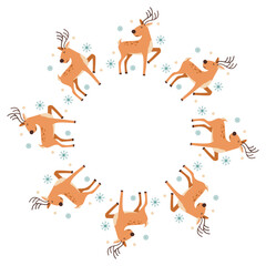 Naklejka premium Christmas decorative round frame. Christmas deer with snowflakes. Round frame for invitation, card, cover, Christmas, New Year. Space for text.