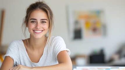 Naklejka premium A cheerful young woman smiles warmly while sitting at a modern workspace filled with colorful art materials.