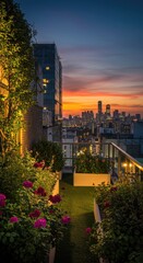 Obraz premium A city rooftop garden at sunset, with lights twinkling below.
