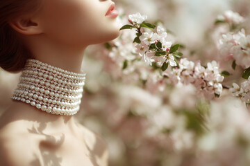 Naklejka premium serene spring scene featuring person wearing delicate light jewelry emphasizing single exquisite piece